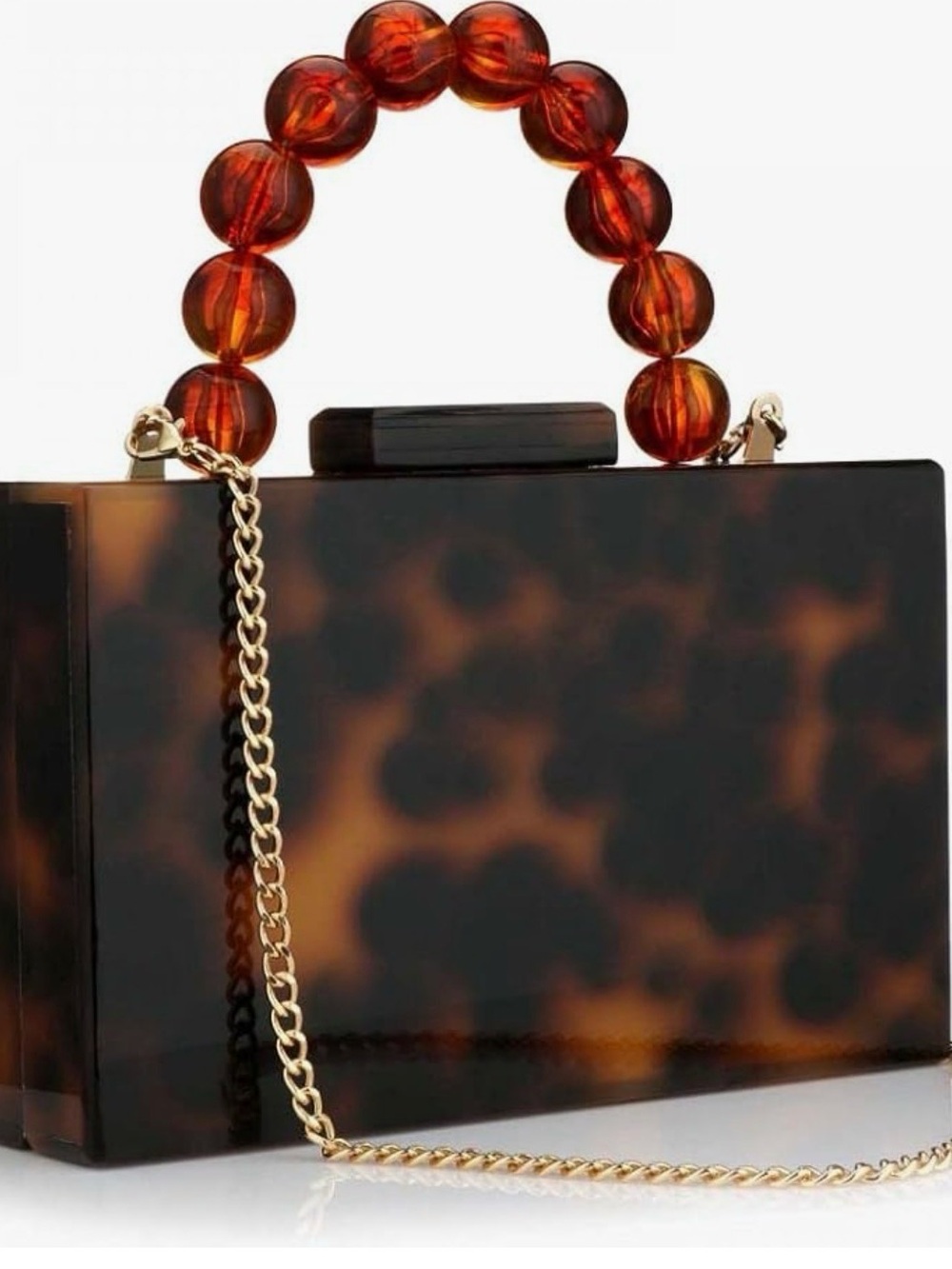NEW Acrylic Tortoiseshell Print Box Clutch with Beaded Handle